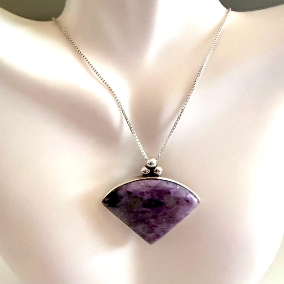 Vintage Charolite Sterling Silver Large Pendant Necklace PRETTY PURPLE 🔥 - Picture 1 of 6